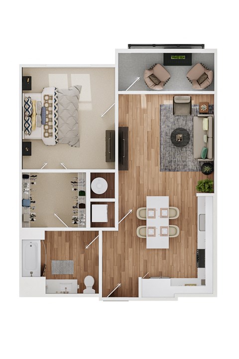 a stylized floor plan with a bedroom and a living room
